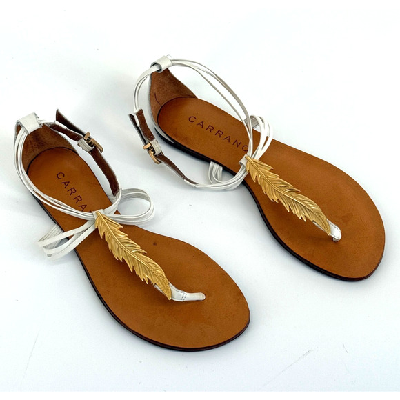 Carrano Shoes - Carrano Womens Sandals White Gold Feather Thong Flat Boho Resort Beach Size 8